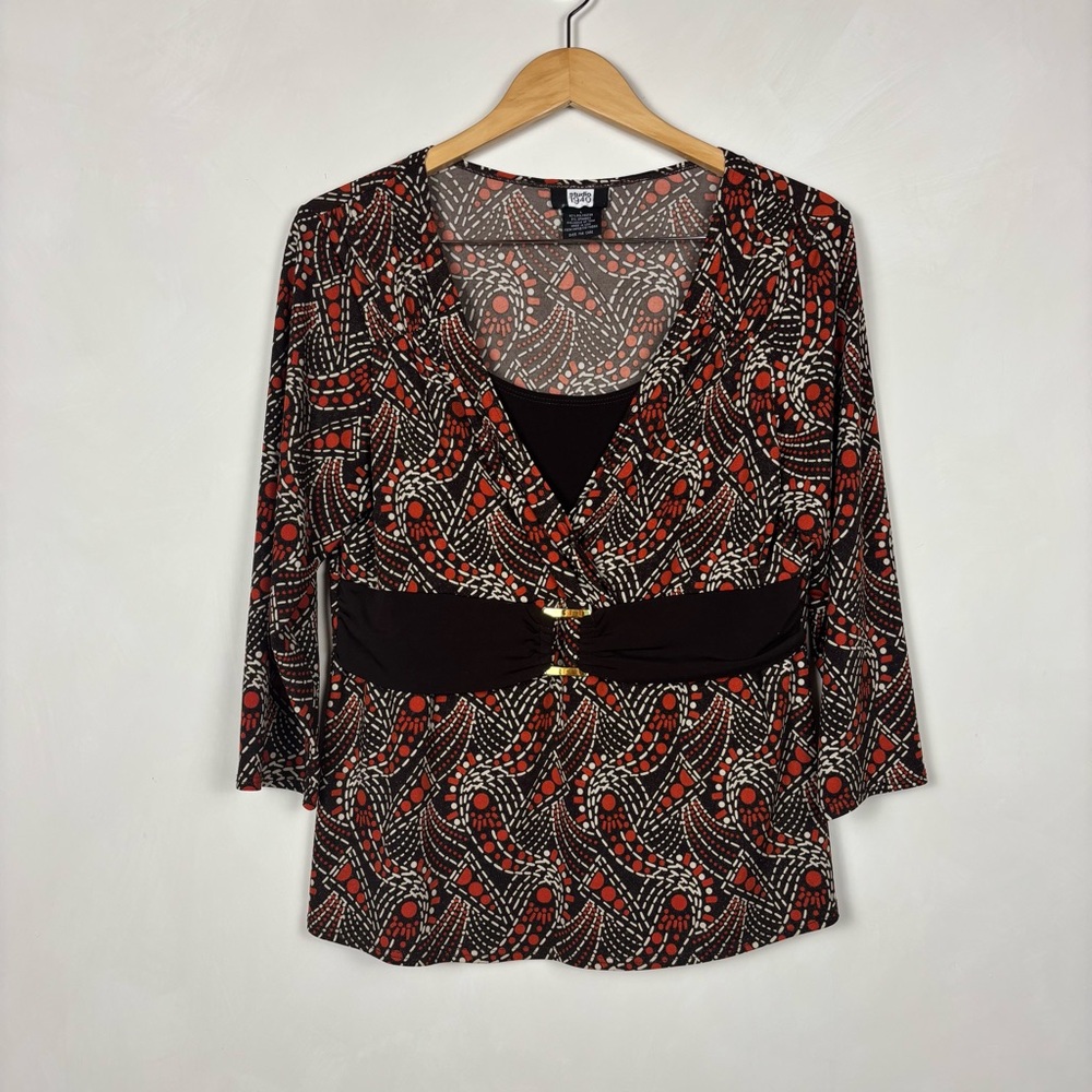 Studio 1940 Brown Orange Retro Y2K Belted Blouse L Made in USA Vintage